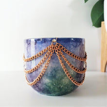 Load image into Gallery viewer, Copper Chain &amp; Crystal Pendant Planter - Blue/Purple/Green Tie-dye
