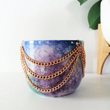 Load image into Gallery viewer, Copper Chain &amp; Crystal Pendant Planter - Blue/Purple/Green Tie-dye
