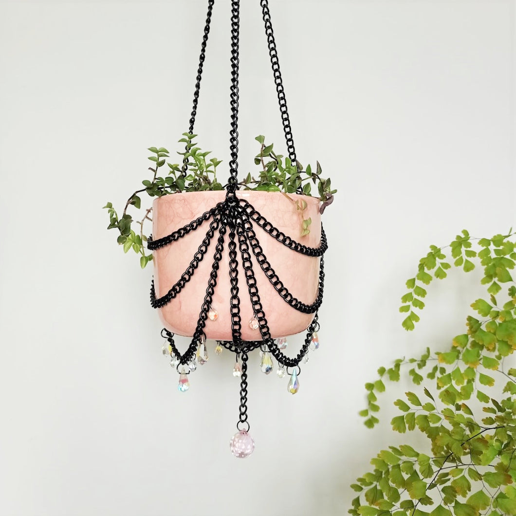 Black Chain & Clear/Pink Pendant Hanging Pot - Pink Tie-dye