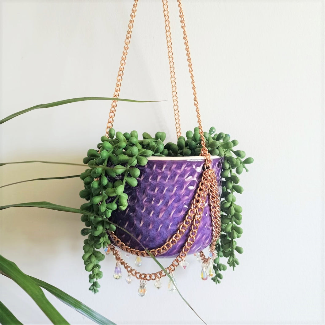 Copper Chain & Clear Glass Pendant Dimpled Hanging Pot - Purple Haze