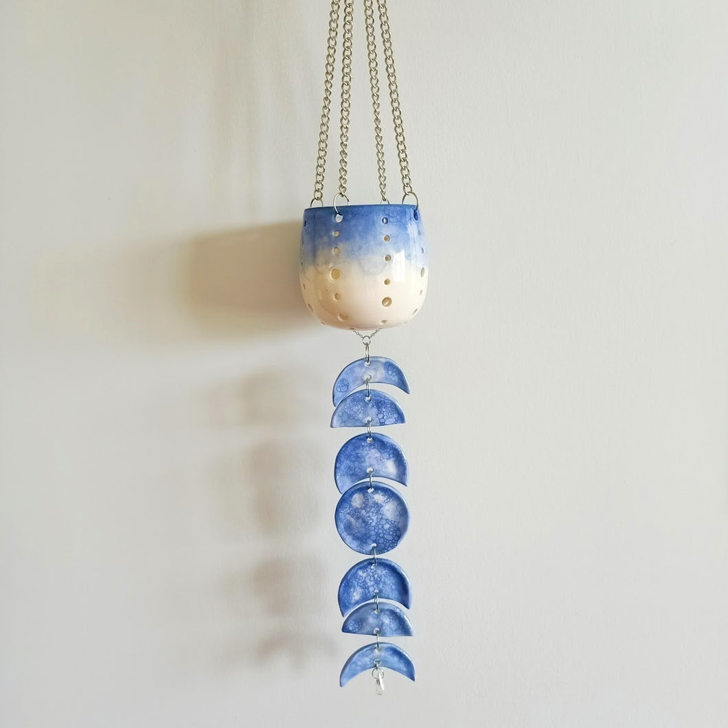 Moon Phase, Silver Chain & Clear Pendant Hanging Lantern - Blue Tie-dye Gradient