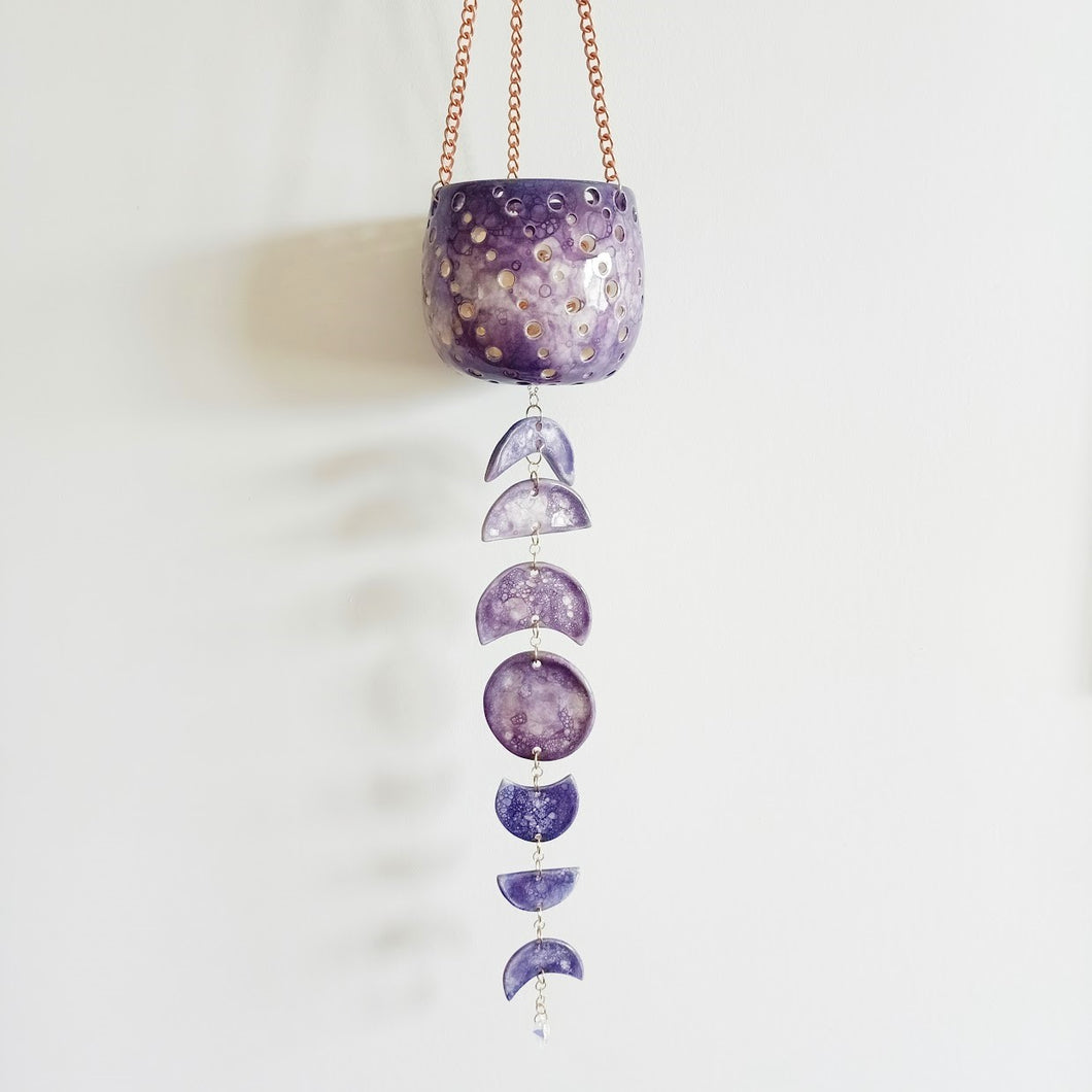 Copper Chain & Clear Heart Pendant Hanging Lantern - Purple Tie-dye